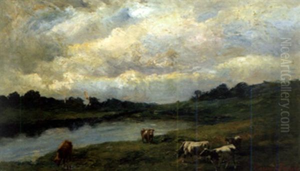 Landscape With Cows At A Pond Oil Painting by Maria A' Becket