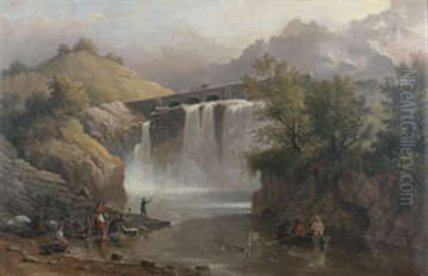 Irish River Landscape With Waterfall Oil Painting by Richard Bridges Beechey