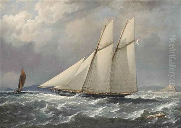 Lord Colville's Schooner Yacht Volage, Flying The Colours Of The Royal Yacht Squadron, Close-hauled And Heading Down The Channel Past The Mewstone Rock Oil Painting by Richard Bridges Beechey