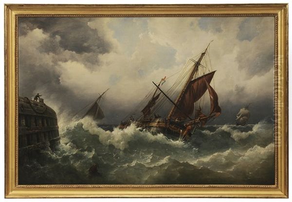 Dutch Vessels In Rough Seas Off The End Of A Quay Oil Painting by Richard Bridges Beechey