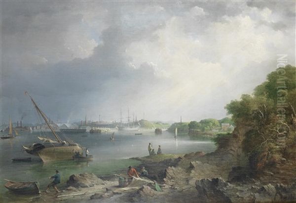 A View Across The Hamoaze Towards The Covered Slips And Buildings Of The Naval Dockyard At Devonport Oil Painting by Richard Bridges Beechey