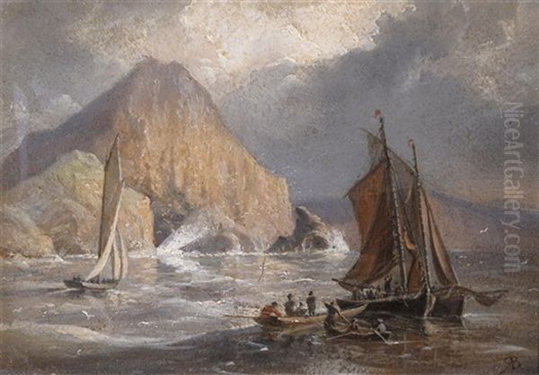Ships At Sea, Possibly Skellig Isles, Ireland (pair) Oil Painting by Richard Bridges Beechey