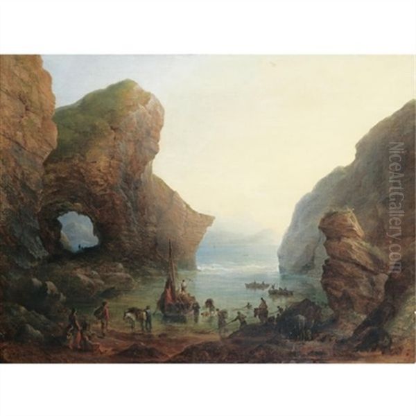 Unloading The Catch Oil Painting by Richard Bridges Beechey