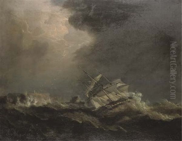 His Majesty's Frigate "fisgard", Captain T. Byam Martin, On A Lee Shore Weathering Ushant At 8.00am. On 16th January 1801 Oil Painting by Richard Bridges Beechey