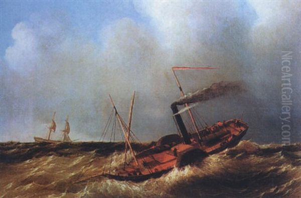 A Steamer In A Stormy Seascape Oil Painting by Richard Bridges Beechey