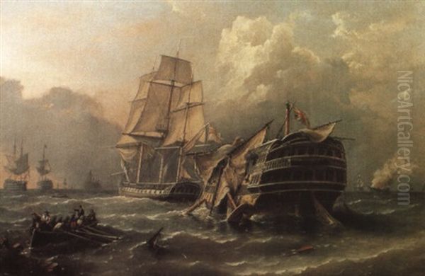 The Situation Of H.m.s. Bellisle...in Tow Off Trafalgar, Oct, 1805 Oil Painting by Richard Bridges Beechey