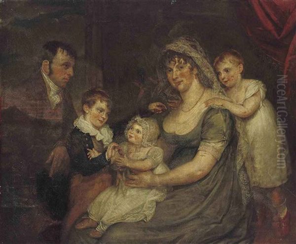 A Group Portrait Of A Family Before A Red Curtain Oil Painting by Sir William Beechey