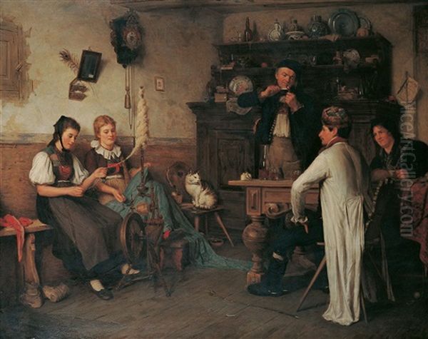 Bauerliches Interieur Mit Zwei Madchen Am Spinnrad Oil Painting by Theodor Von Der Beek