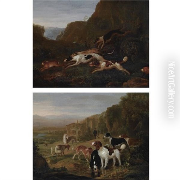 A Mountainous Landscape With Hounds Assaulting A Hare (+ A Hilly Landscape With Hounds Resting Near A Stream; Pair) Oil Painting by Adriaen Cornelisz Beeldemaker