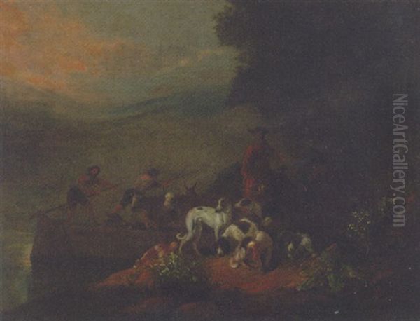 A Huntsman With Dogs In A Wooded Lake Landscape Oil Painting by Adriaen Cornelisz Beeldemaker