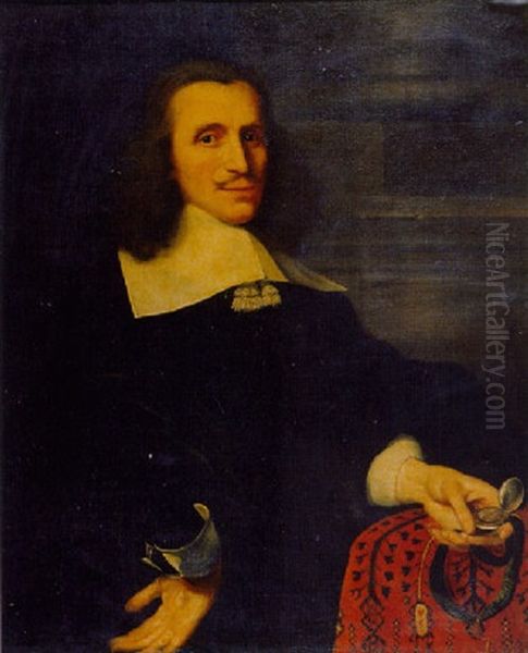 Portrait Of Allard Poelaert At A Draped Table In Black Costume With Lace Chemise, Holding A Fop-watch Oil Painting by Adriaen Cornelisz Beeldemaker