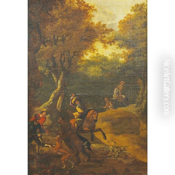 Hunting Scene In The Forest (boars Hunt) Oil Painting by Johannes Beeldemaker