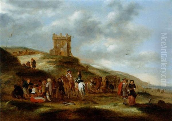 Strandlandschaft Mit Einem Reiter Und Vielen Figuren Oil Painting by Cornelis Beelt