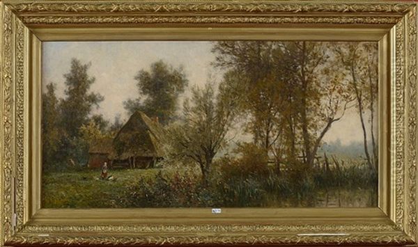 Fermiere Nourissant Ses Poules Au Pre Oil Painting by Euphrosine Beernaert