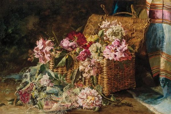Still Life Of Roses In Wicker Basket Oil Painting by Julie (Hart) Beers