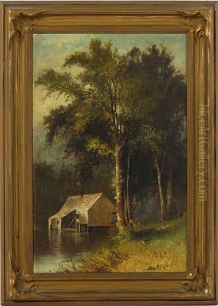 Cabin By Forest Pond Oil Painting by Julie (Hart) Beers