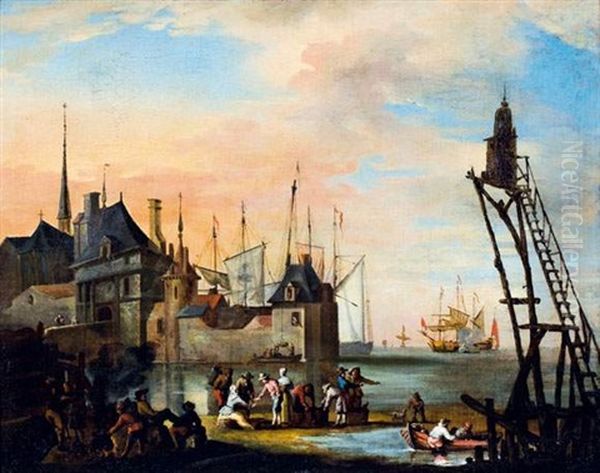 Vue D'une Ville Portuaire Animee De Nombreux Personnages Oil Painting by Jan Abrahamsz. Beerstraten