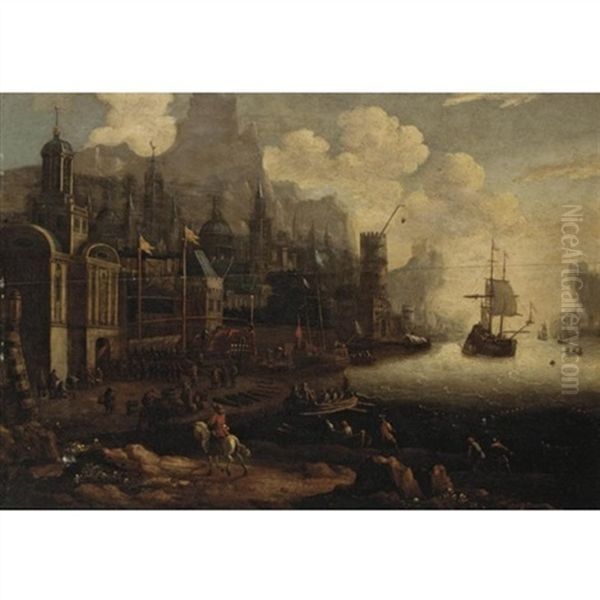 A Mediterranean Harbour Scene Oil Painting by Jan Abrahamsz. Beerstraten