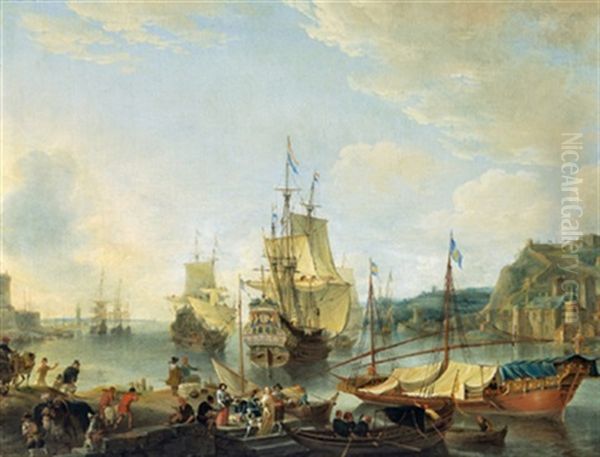 Ein Sudlicher Hafen Mit Zwei Hollandischen Kriegsschiffen, Booten Und Vielen Figuren Oil Painting by Jan Abrahamsz. Beerstraten