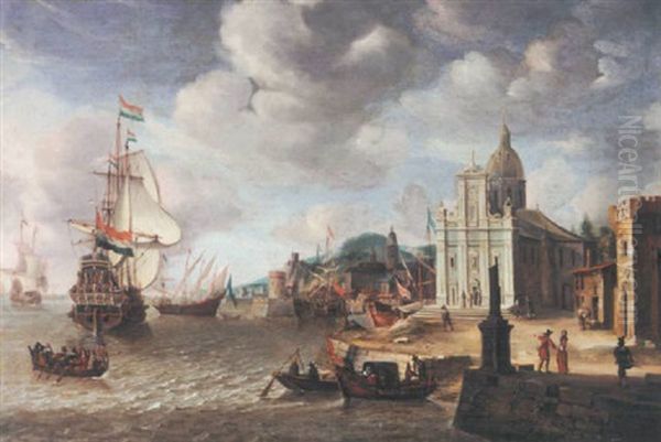 A Mediterranean Harbour Scene With A Dutch Man-o-war Oil Painting by Jan Abrahamsz. Beerstraten