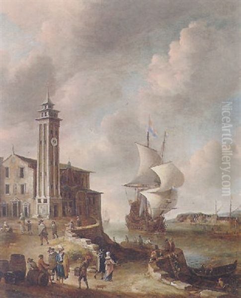 An Italianate Harbour Scene With Figures On The Shore Oil Painting by Jan Abrahamsz. Beerstraten