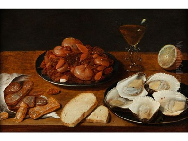 Feines Stillleben Mit Austern, Backwerk, Zitrone Und Weinglas Oil Painting by Osias, the Elder Beert