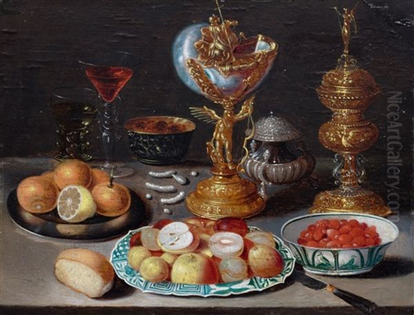 Lavish Still Life With Fruits On A Porcelain And Pewter Plate, With Sweetmeats, Bread, Nautilus Cup, Rummer And A Facon-de-venise Glass With Wine On A Table Top Oil Painting by Osias, the Elder Beert