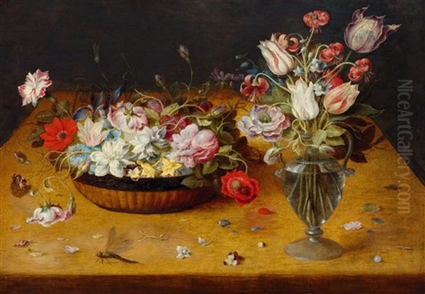Flowers In A Basket And In A Glass Vase Oil Painting by Osias, the Elder Beert