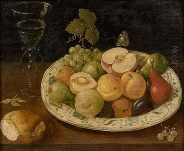 Nature Morte A La Coupe De Fruits, Au Papillon, Au Verre Et A La Miche De Pain Oil Painting by Osias, the Elder Beert