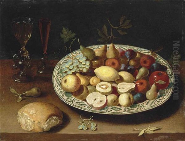 Pears, Grapes, Lemons, Apples And Other Fruit In A Ceramic Bowl, With Facon-de-venise Glasses Filled With Wine And Bread On A Ledge Oil Painting by Osias, the Elder Beert