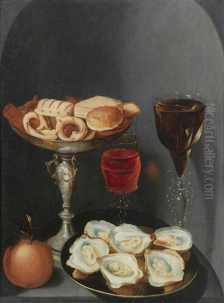 Oysters On A Pewter Dish With Two Glasses Of Wine, An Orange And A Silver Tazza Of Sweetmeats In A Stone Niche Oil Painting by Osias, the Elder Beert