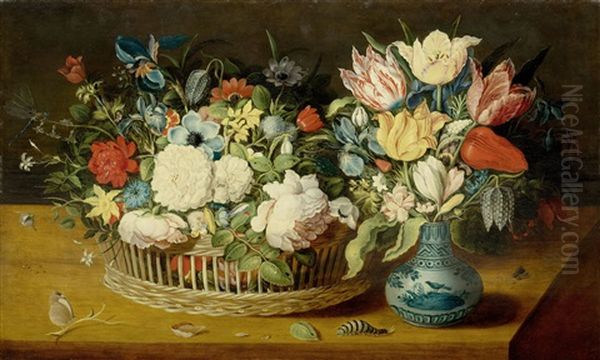 Still Life With Flowers In A Woven Basket And A Floral Bouquet In A Porcelain Vase On A Table Top With Insects Oil Painting by Osias, the Elder Beert