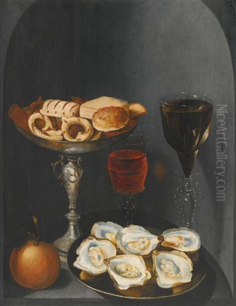 Still Life Of Oysters On A Pewter Plate, Sweetmeats And Biscuits In A Silver Tazza, Two Facon-de-venise Wine Glasses And An Orange, In A Stone Niche Oil Painting by Osias, the Elder Beert