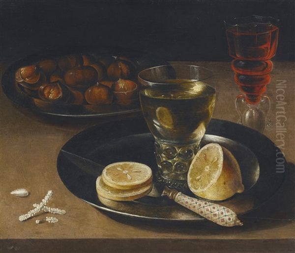 Still Life Of Lemons, Chestnuts And A Wine Glass Oil Painting by Osias, the Elder Beert