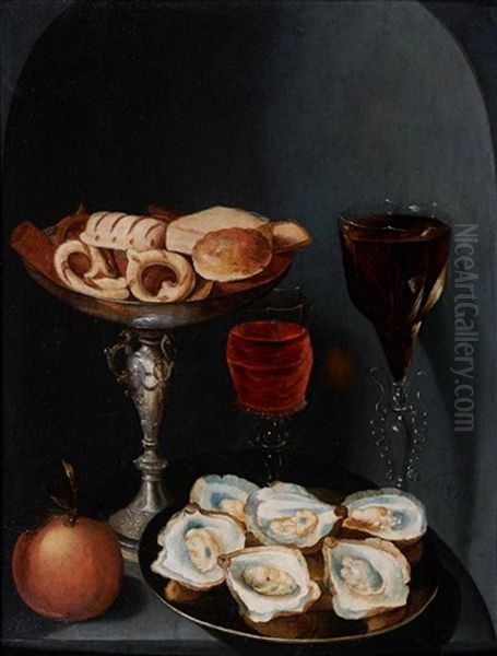 Nature Morte Au Verre De Vin, Plat D'huitres Et Coupe De Biscuits Dans Une Niche Oil Painting by Osias, the Elder Beert
