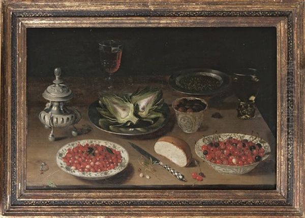 Still Life With Cherries And Strawberries On Chinese Ming Plates, Artichokes On Tin Dish And A Glass Of White Wine Oil Painting by Osias, the Elder Beert
