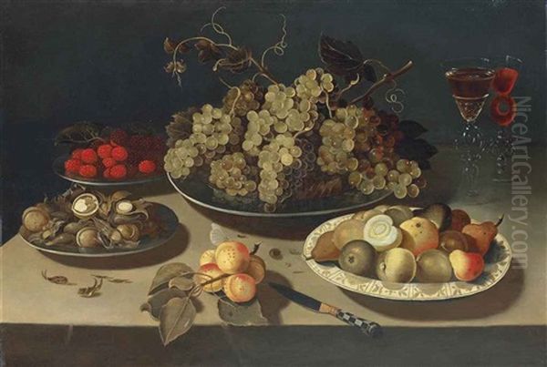 Grapes, Blackberries, Raspberries, Walnuts And Hazelnuts On Pewter Platters, Pears And Other Fruit On A Porcelain Platter, Two Facon-de-venise Wine... Oil Painting by Osias, the Elder Beert