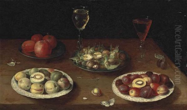Hazelnuts And Walnuts, And Apples On Pewter Platters, Plums And Nectarines On Porcelain Plates, With Glasses Of Red And White Wine, And A Butterfly Oil Painting by Osias, the Elder Beert
