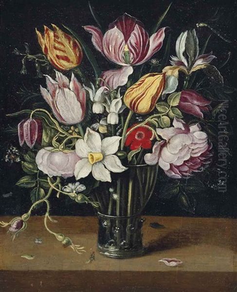 Parrot Tulips, Roses, Daffodils And Other Flowers In A Glass Roemer On A Ledge Oil Painting by Osias, the Elder Beert