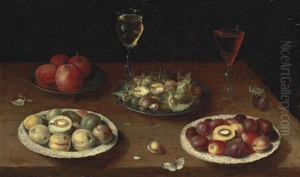 Hazelnuts And Walnuts, And Apples On Pewter Platters, Plums And Nectarines On Porcelain Plates, With Glasses Of Red And White Wine, And A Butterfly, On A Wooden Table Oil Painting by Osias, the Elder Beert