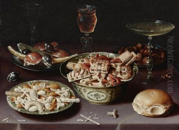 A Still Life Of Porcelain Vessels Containing Sweets, Pewter Plates Bearing Sweets And Chestnuts, Three Pieces Of Glassware And A Bread Roll On A Table Draped With A Mauve Cloth Oil Painting by Osias, the Elder Beert