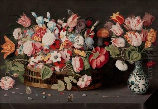 Nature Morte Au Bouquet De Fleurs Dans Un Vase Wan Li Et Corbeille De Fleurs Sur Un Entablement Oil Painting by Osias, the Elder Beert