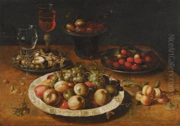 A Still Life Of Apples And Grapes In A Blue-and-white Porcelain Bowl, Raspberries And Walnuts In Pewter Dishes, Plums On A Pewter Dish Atop A Stand, Together With Three Wine-glasses And Sprigs Of Apricots And Gooseberries Upon A Wooden Table Oil Painting by Osias, the Elder Beert
