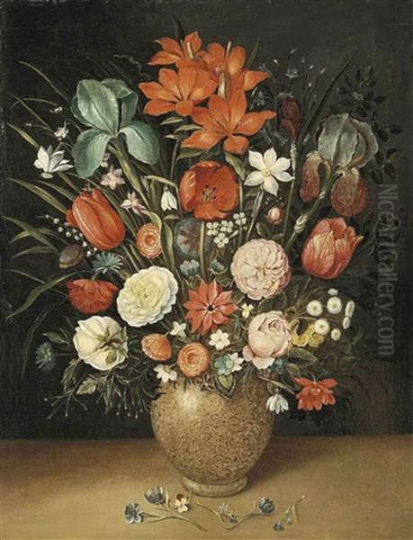 Roses, Tulips, Carnations And Other Flowers In A Vase On A Stone Ledge Oil Painting by Osias, the Elder Beert