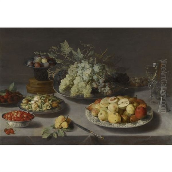 Still Life Of Grapes And Other Fruits With A Knife, Facon De Venise Wineglasses And Other Objects On A Draped Table Oil Painting by Osias, the Elder Beert