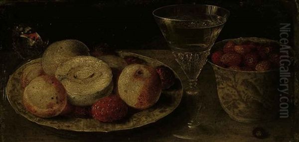 Peaches And Raspberries On A Wan-li Kraak Porcelain Plate, With Strawberries In A Wan-li-krak Porcelain Beaker, With A Glass Of White Wine On A Tabletop Oil Painting by Osias, the Elder Beert