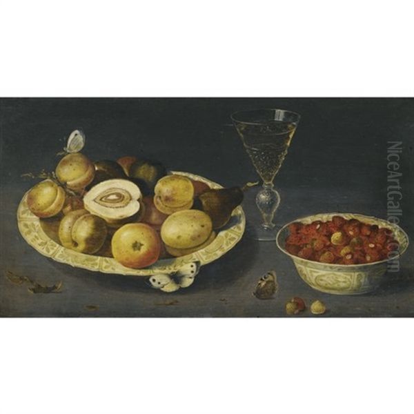 A Still Life With Strawberries, Pears And Peaches In Two Porcelain Bowls On A Table With A Wineglass And Butterflies Oil Painting by Osias, the Elder Beert