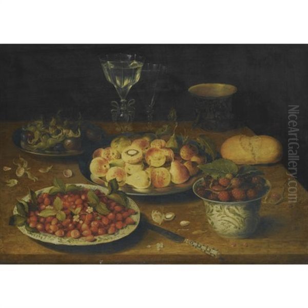 A Still Life Of Peaches And Plums On A Pewter Dish, Hazelnuts And Plums On Another, Wild Strawberries On A Chinese Porcelain Plate, Mulberries In A Chinese Porcelain Bowl, Facon-de-venise Wine-glasses Oil Painting by Osias, the Elder Beert