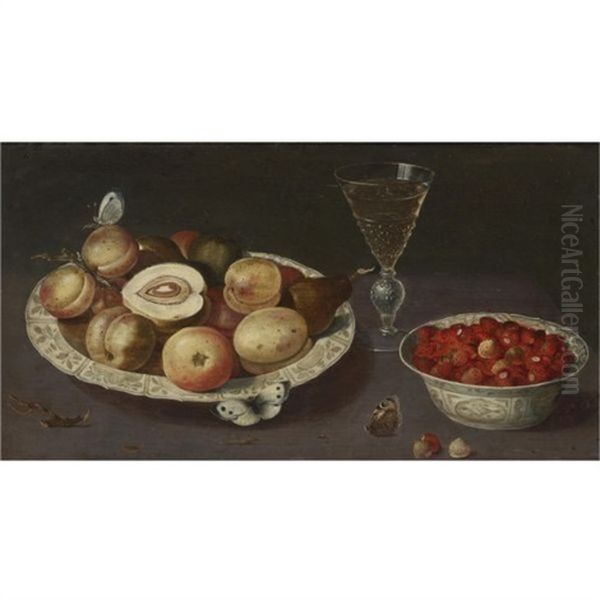 Still Life Of Peaches, Pears And Strawberries In Blue And White Porcelain Bowls With A Glass Of Wine And Butterflies Oil Painting by Osias, the Elder Beert