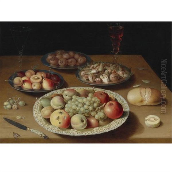 Still Life On A Plain Wooden Table: A Large Wanli Porcelain Dish Of Fruit, A Pewter Dish Of Fruit, Medlars And Nuts, A Moth, Two Venetian-style Glasses Of Wine, One White And The Other Red Oil Painting by Osias, the Elder Beert